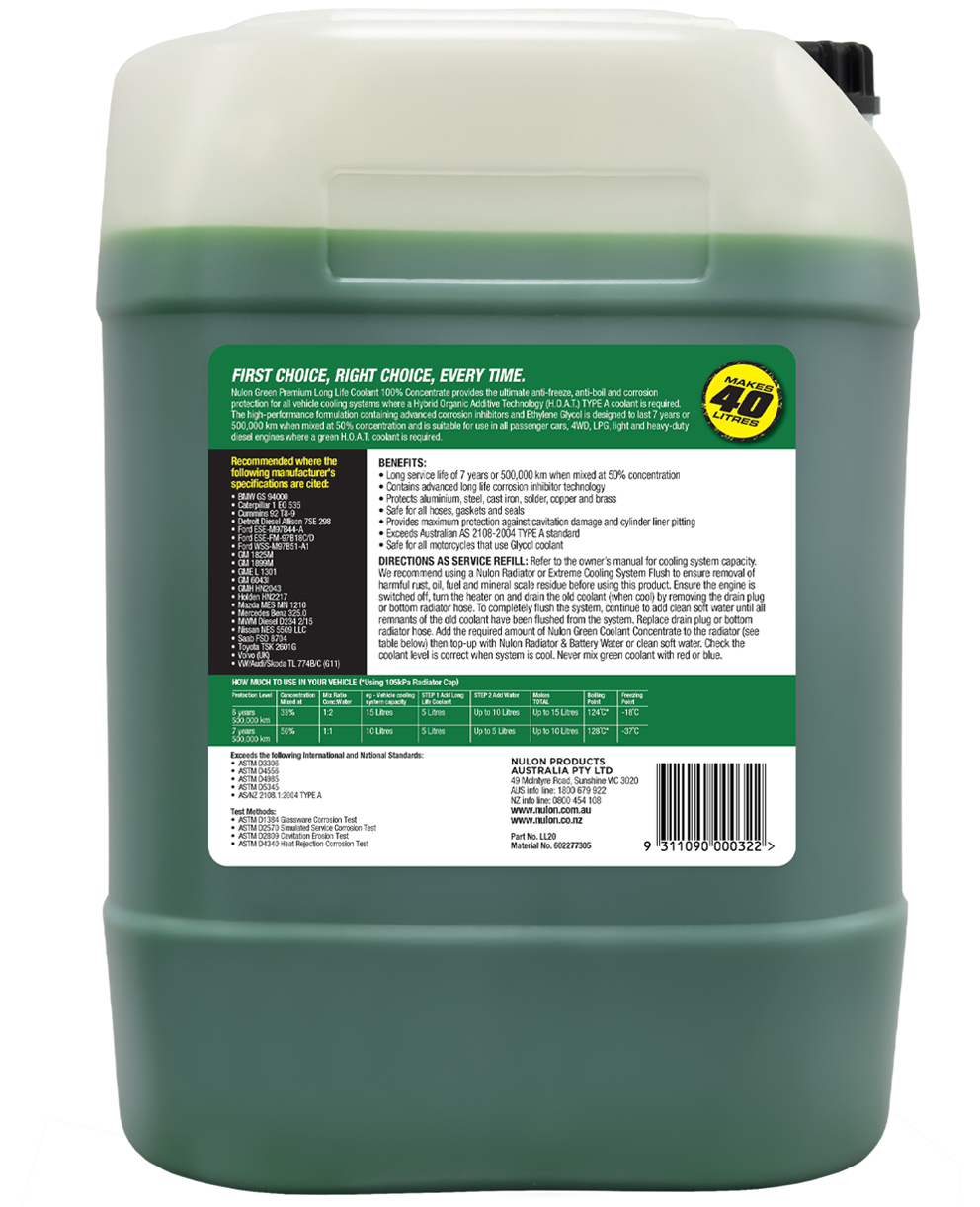 Green Premium Long Life Coolant 100% Concentrate LL20 Rear