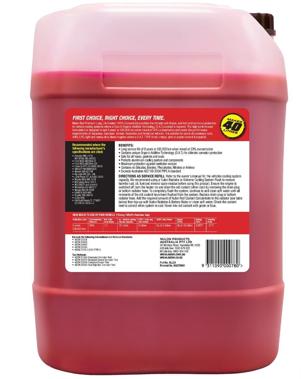 Red Premium Long Life Coolant 100% Concentrate  RLL20 Rear